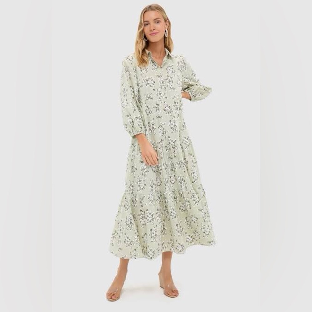Pomander Place Sage Floral Tiered Button-Front Maxi Dress